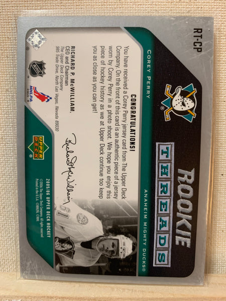 2005-06 UPPER DECK HOCKEY #RT-CP ANAHEIM DUCKS - COREY PERRY ROOKIE THREADS CARD RAW