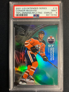 2021 UPPER DECK EXTENDED HOCKEY #15 EDMONTON OILERS - CONNOR MCDAVID EMERALD REFLECTIONS INSERT NUMBERED 098/100 GRADED PSA 9 MINT