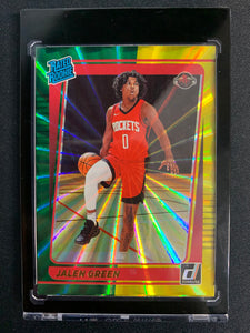 2021-22 PANINI DONRUSS BASKETBALL #209 HOUSTON ROCKETS - JALEN GREEN YELLOW & GREEN LASER HOLO ROOKIE CARD