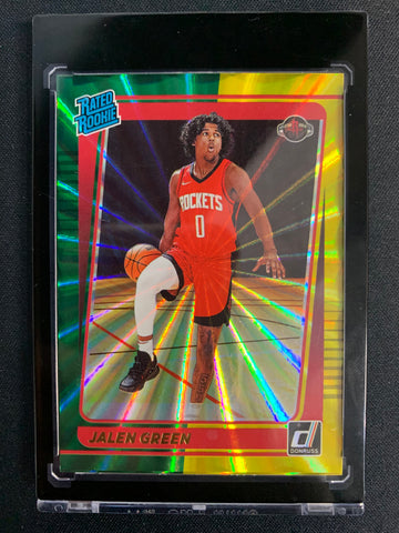 2021-22 PANINI DONRUSS BASKETBALL #209 HOUSTON ROCKETS - JALEN GREEN YELLOW & GREEN LASER HOLO ROOKIE CARD