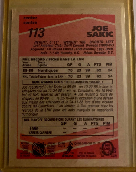 1989-90 O-PEE-CHEE HOCKEY #113 QUEBEC NORDIQUES - JOE SAKIC ROOKIE CARD RAW