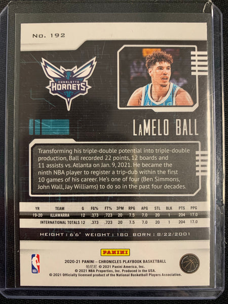 2020-2021 PANINI CHRONICLES NBA BASKETBALL #192 CHARLOTTE HORNETS - LAMELO BALL PANINI PLAYBOOK ROOKIE CARD