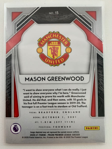 2020-2021 PANINI PRIZM EPL SOCCER #15 MANCHESTER UNITED - MASON GREENWOOD PRIZM CARD