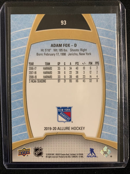 2019-20 UPPER DECK ALLURE HOCKEY #93 NEW YORK RANGERS - ADAM FOX BASE ROOKIE CARD