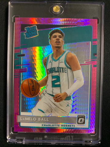 2020-2021 PANINI DONRUSS OPTIC NBA BASKETBALL #153 CHARLOTTE HORNETS - LAMELO BALL HYPER PINK PRIZM RATED ROOKIE CARD