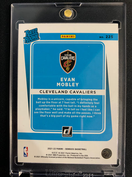 2021-22 PANINI DONRUSS BASKETBALL #225 CLEVELAND CAVALIERS - EVAN MOBLEY YELLOW & GREEN LASER HOLO ROOKIE CARD