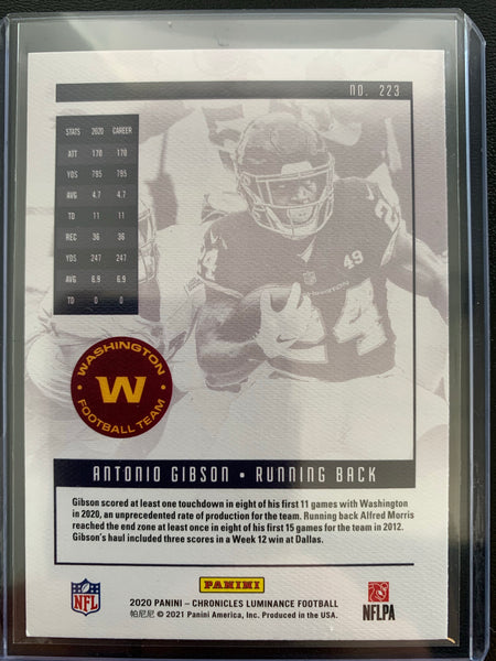 2020 PANINI CHRONICLES LUMINANCE FOOTBALL #223 WASHINGTON REDSKINS - ANTONIO GIBSON ROOKIE CARD