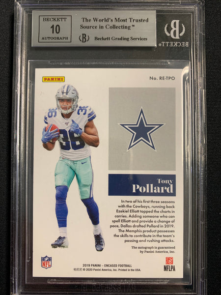 2019 PANINI ENCASED NFL FOOTBALL #39 DALLAS COWBOYS - TONY POLLARD ROOKIE ENDORSEMENTS SAPPHIRE AUTO NUMBERED 21/50 GRADED BGS 9 MINT 10 AUTO
