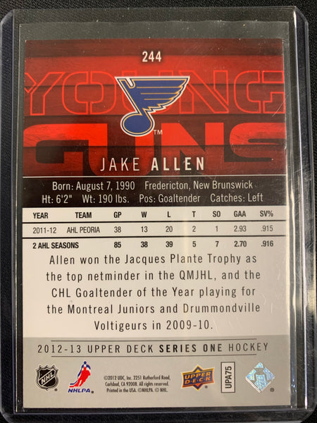 2012-13 UPPER DECK HOCKEY #244 ST.LOUIS BLUES - JAKE ALLEN YOUNG GUNS ROOKIE CARD