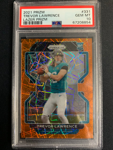 2021 PRIZM FOOTBALL #331 JACKSONVILLE JAGUARS - TREVOR LAWRENCE ORANGE LAZER PRIZM ROOKIE CARD GRADED PSA 10 GEM MINT