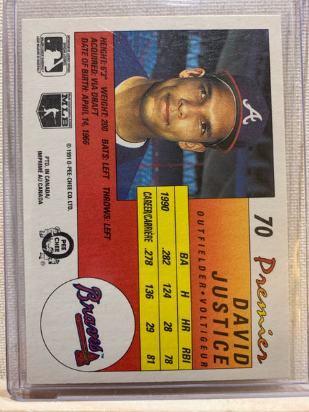 1990-91 O-PEE-CHEE PREMIER BASEBALL #70 - DAVID JUSTICE ROOKIE CARD RAW