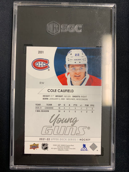 2021-22 UPPER DECK S1 HOCKEY #201 MONTREAL CANADIENS - COLE CAUFIELD YOUNG GUNS ROOKIE CARD GRADED SGC 9 MINT