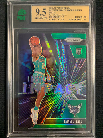 2020-2021 PANINI PRIZM NBA BASKETBALL #21 CHARLOTTE HORNETS - LAMELO BALL INSTANT IMPACT GREEN ROOKIE CARD GRADED MNT 9.5 GEM MINT