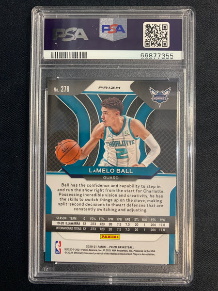 2020-2021 PANINI PRIZM NBA BASKETBALL #278 CHARLOTTE HORNETS - LAMELO BALL RED CRACKED ICE PRIZM ROOKIE GRADED PSA 9 MINT