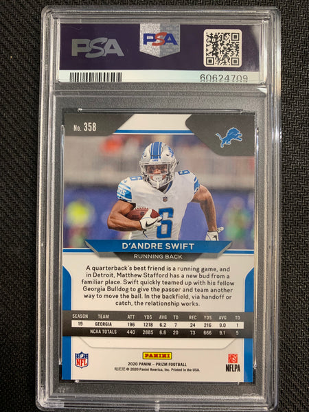 2020 PANINI PRIZM FOOTBALL #358 DETROIT LIONS - D'ANDRE SWIFT BASE PRIZM ROOKIE CARD GRADED PSA 9 MINT