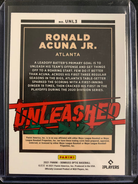 2021 PANINI DONRUSS OPTIC BASEBALL  #UNL3 ATLANTA BRAVES - RONALD ACUNA JR UNLEASHED INSERT CARD