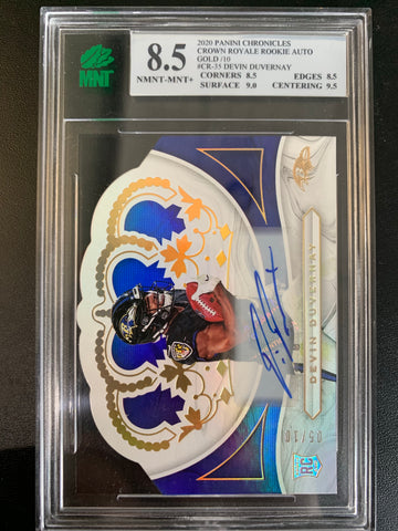 2020 PANINI CHRONICLES FOOTBALL #CR-35 BALTIMORE RAVENS - DEVIN DUVERNAY CROWN ROYALE ROOKIE AUTO GOLD NUMBERED 05/10 GRADED MNT 8.5 NMNT-MINT+