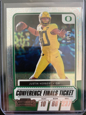2021 PANINI CONTENDERS FOOTBALL #11 LOS ANGELES CHARGERS - JUSTIN HERBERT PRIZM CONFERENCE FINALS TICKET #'D 66/99
