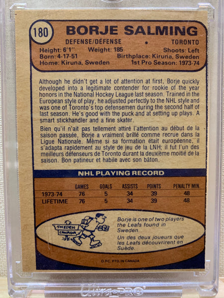 1974-75 O-PEE-CHEE HOCKEY #180 TORONTO MAPLE LEAFS - BORJE SALMING ROOKIE CARD RAW