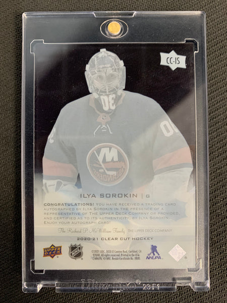 2020-21 UD CLEAR CUT HOCKEY #CC-IS NEW YORK ISLANDERS - ILYA SOROKIN CLEAR CUT ON CARD AUTOGRAPH ROOKIE CARD