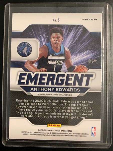 2020-2021 PANINI PRIZM NBA BASKETBALL #3 MINNESOTA TIMERWOLVES - ANTHONY EDWARDS SILVER EMERGENT ROOKIE CARD