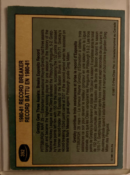 1981-82 O-PEE-CHEE HOCKEY #392 EDMONTON OILERS - WAYNE GRETZKY RECORD BREAKER CARD RAW