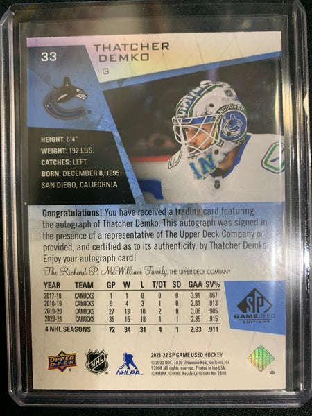 2021-22 UD SP GAME USED HOCKEY #33 VANCOUVER CANUCKS - THATCHER DEMKO GAME USED EDITION AUTOGRAPH