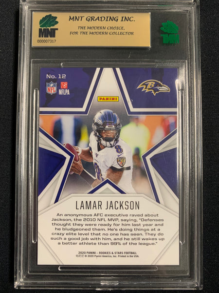 2020 PANINI ROOKIES & STARS FOOTBALL #12 BALTIMORE RAVENS - LAMAR JACKSON ORANGE NUMBERED 19/99 GRADED MNT 9.5 GEM MINT