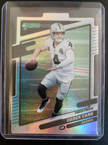 2021 PANINI DONRUSS NFL FOOTBALL #86 LAS VEGAS RAIDERS - DEREK CARR SILVER DIE CUT PRESS PROOF NUMBERED 75/75