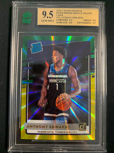 2020-2021 PANINI DONRUSS NBA BASKETBALL #201 MINNESOTA TIMERWOLVES - ANTHONY EDWARDS GREEN & YELLOW LASER RATED ROOKIE CARD GRADED MNT 9.5 GEM MINT