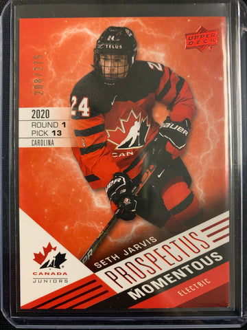 2021 UPPER DECK TEAM CANADA JUNIORS HOCKEY #PM-14 - SETH JARVIS PROSPECTUS ELECTRIC RED PARALLEL NUMBERED 208/275
