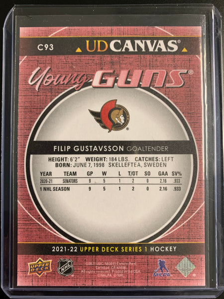 2021-22 UPPER DECK S1 HOCKEY #C93 OTTAWA SENATORS - FILIP GUSTAVSSON RED CANVAS YOUNG GUNS ROOKIE CARD