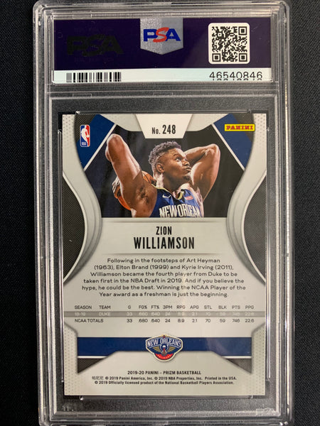 2019 PANINI PRIZM NBA BASKETBALL #248 NEW ORLEANS PELICANS - ZION WILLIAMSON PRIZM ROOKIE CARD GRADED PSA 10 GEM MINT