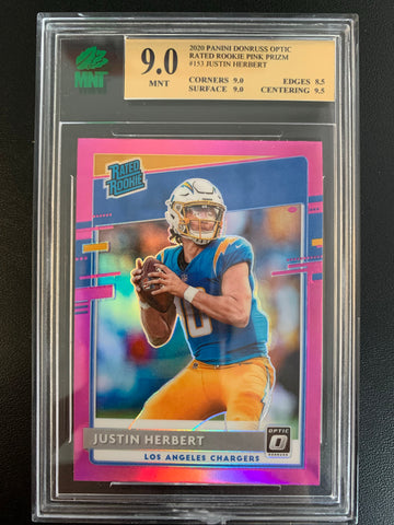 2020 PANINI DONRUSS OPTIC FOOTBALL #153 LOS ANGELES CHARGERS - JUSTIN HERBERT SP PINK PRIZM ROOKIE CARD GRADED MNT 9.0 MINT