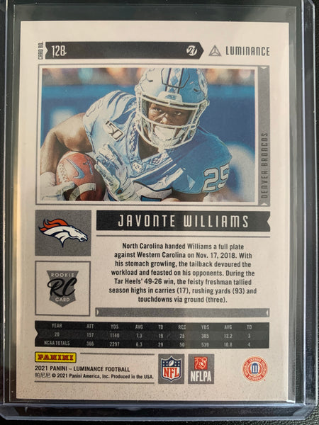 2021 PANINI LUMINANCE FOOTBALL #128 DENVER BRONCOS - JAVONTE WILLIAMS ROOKIE CARD NUMBERED 159/299