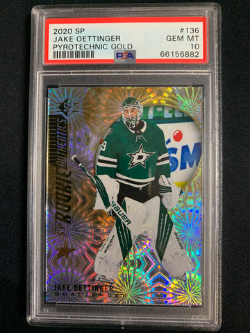 2020 UPPER DECK SP HOCKEY #136 - DALLAS STARS - JAKE OETTINGER ROOKIE AUTHENTICS PYROTECHNIC SSP GRADED PSA 10 GEM MINT