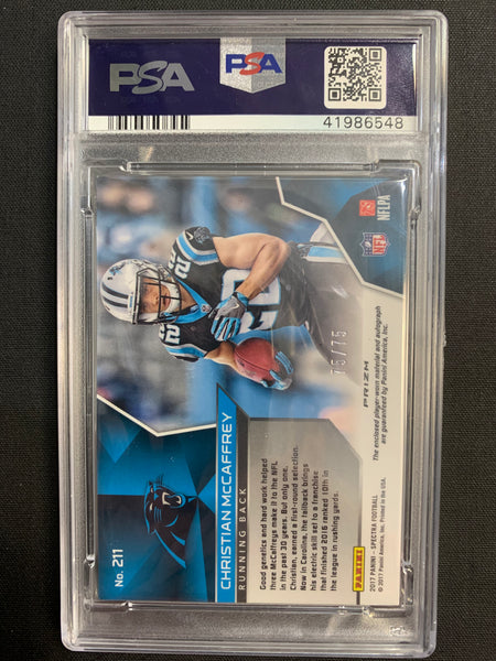 2017 PANINI SPECTRA FOOTBALL #211 CAROLINA PANTHERS - CHRISTIAN MCCAFFREY ROOKIE AUTO PATCH NEON BLUE 75/75 GRADED PSA 9 MINT