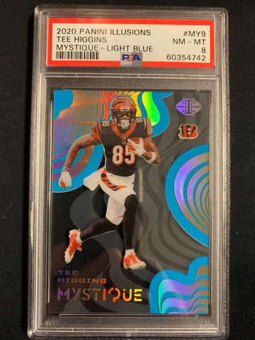 2020 PANINI ILLUSIONS FOOTBALL #MY9 CINCINNATI BENGALS - TEE HIGGINS LIGHT BLUE MYSTIQUE ROOKIE CARD NUMBERED 049/299 GRADED PSA 8 NM-MT