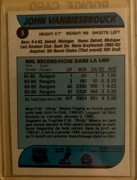 1986-87 O-PEE-CHEE HOCKEY #9 NEW YORK RANGERS - JOHN VANBIESBROUCK ROOKIE CARD RAW