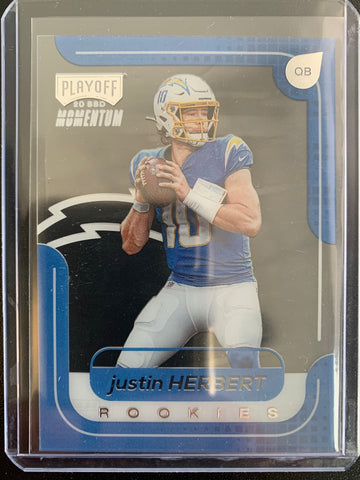 2020 PANINI CHRONICLES PLAYOFF FOOTBALL #M-3 LOS ANGELES CHARGERS - JUSTIN HERBERT MOMENTUM CLEAR ROOKIE CARD