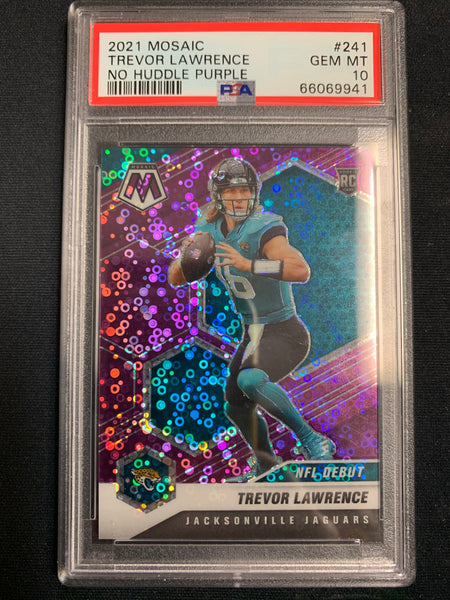 2021 MOSAIC NO HUDDLE FOOTBALL #241 JACKSONVILLE JAGUARS - TREVOR LAWRENCE NO HUDDLE PURPLE NUMBERED 39/50 GRADED PSA 10 GEM MINT (POP 3)