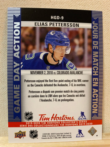 2019-20 TIM HORTONS HOCKEY #HGD-9 VANCOUVER CANUCKS - GAME DAY ACTION ELIAS PETTERSSON CARD RAW