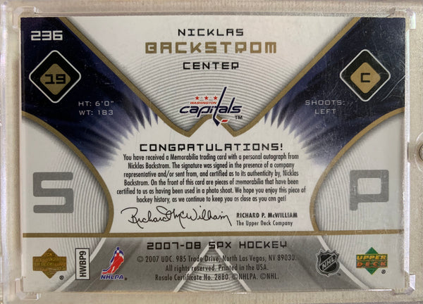 2007-08 UPPER DECK HOCKEY #236 WASHINGTON CAPITALS - NICKLAS BACKSTROM SPX AUTOGRAPHED JERSEY ROOKIE CARD RAW