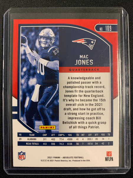 2021 PANINI ABSOLUTE FOOTBALL #109 NEW ENGLAND PATRIOTS - MAC JONES BASE RATED ROOKIE CARD