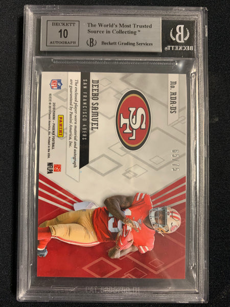 2019 PANINI PHOENIX FOOTBALL #13 SAN FRANCISCO 49ERS - DEEBO SAMUEL ROOKIE PREMIERE DUAL JERSEY AUTOGRPAHS NUMBERED 65/75 GRADED BGS 9 /10 AUTO