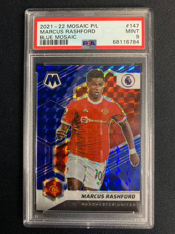 2021 PANINI MOSAIC EPL SOCCER #147 - MANCHESTER UNITED - MARCUS RASHFORD BLUE MOSAIC NUMBERED 71/99 GRADED PSA 9 MINT