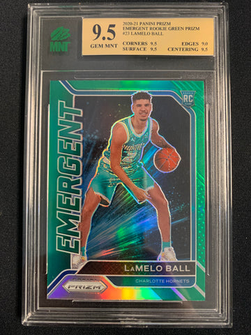 2020-2021 PANINI PRIZM NBA BASKETBALL #23 CHARLOTTE HORNETS - LAMELO BALL EMERGENT GREEN ROOKIE CARD GRADED MNT 9.5 GEM MINT