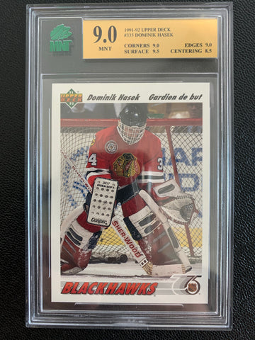 1991-92 UPPER DECK HOCKEY #335 CHICAGO BLACKHAWKS - DOMINIK HASEK FRENCH VARIATION ROOKIE CARD GRADED MNT 9.0 MNT