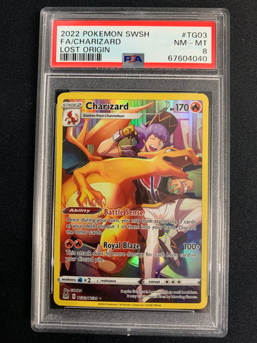 2022 POKEMON LOST ORIGIN FULL ART TRAINER GALLERY CHARIZARD #TG03 - GRADED PSA 8 NM-MT