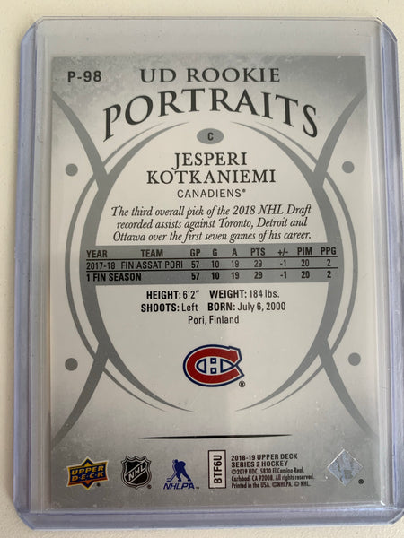 2018-19 UPPER DECK HOCKEY #P-98 MONTREAL CANADIENS - JESPERI KOTKANIEMI ROOKIE PORTRAITS ROOKIE CARD